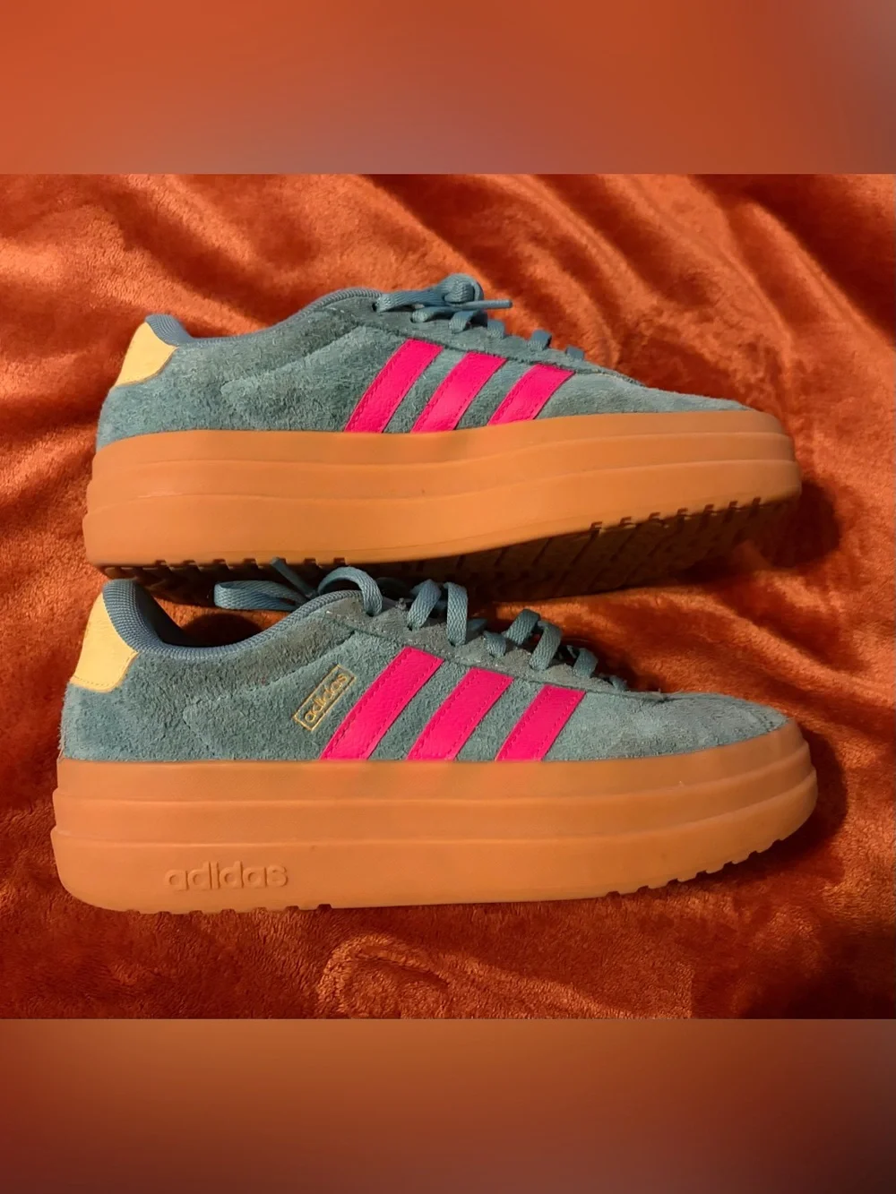 adidas Kids Court Platform Suede Sneakers in Teal with Pink Stripes and Gum Sole